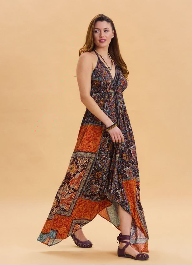 V Neck Backless Halter Neck Coffee Ethnic Dress 4654